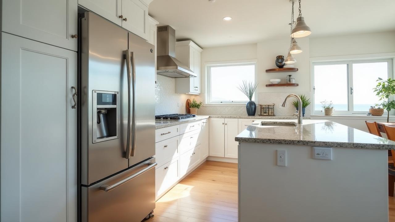 Modern kitchen with stainless steel refrigerator and stove