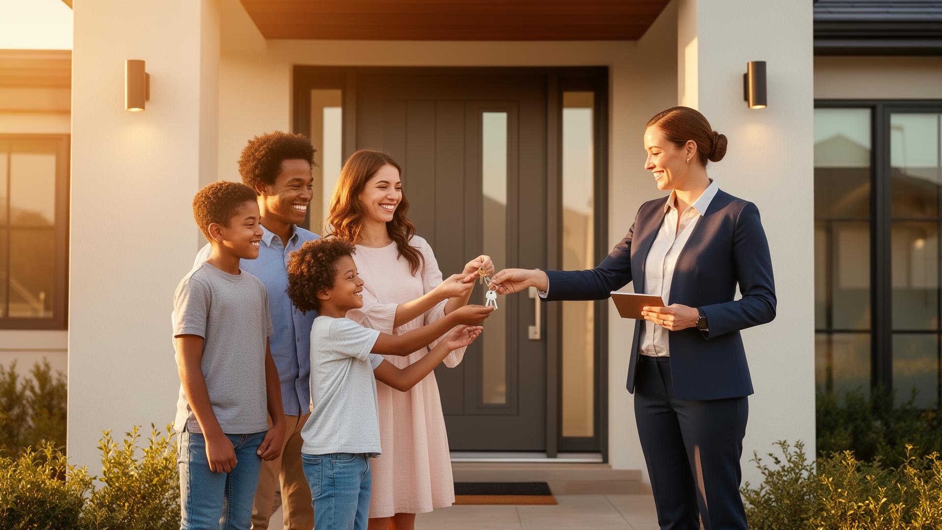 Family receiving keys from a real estate agent